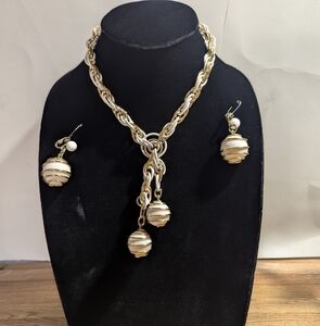 Vintage Signed Crown TRIFARI Gold White Lucite Parisphere Necklace Earrings Set